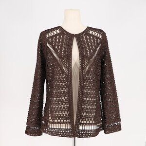 BEREK Open-Knit Crochet Macrame Cardigan Top Single Hook Dark Brown Size M